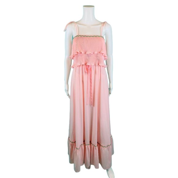 Vintage 70s Maxi Dress Womens S Light Pink Accordion Pleat Flutter Bodice Vicky - Picture 1 of 10